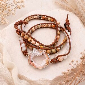 Beaded Gemstone and Leather Wrap Bracelet